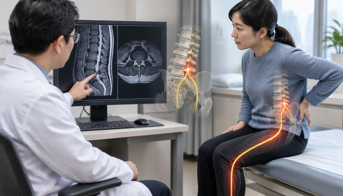 허리 MRI 소견과 다리 신경 증상의 위치를 함께 확인하는 장면
