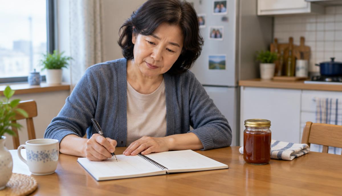 50대 여성이 통증으로 못 한 일과 수면을 기록하는 모습