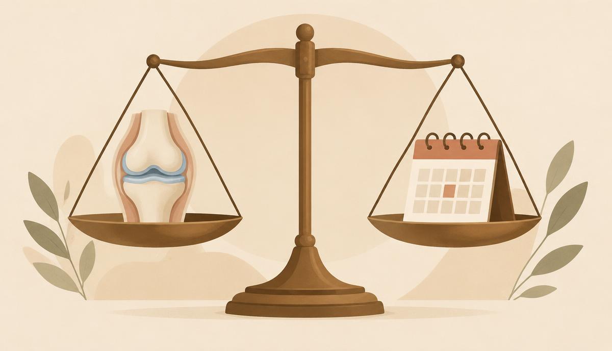 무릎 연골과 달력을 저울에 올린 장단점 비교 일러스트