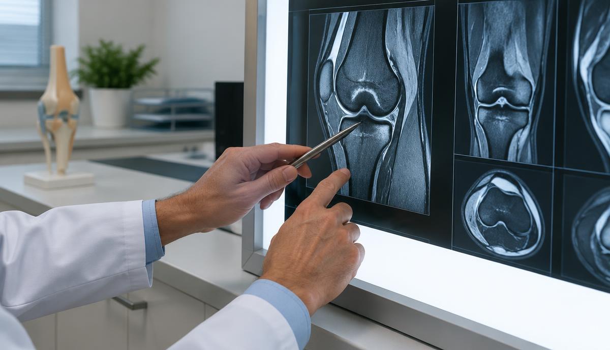 의사가 무릎 MRI 영상을 짚어 설명하는 모습