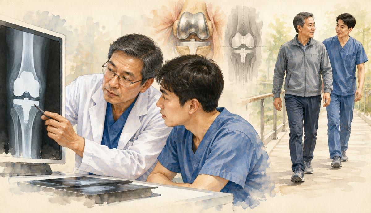 인공관절 수술의 경험 전수와 정렬 확인을 보여주는 의료 도해