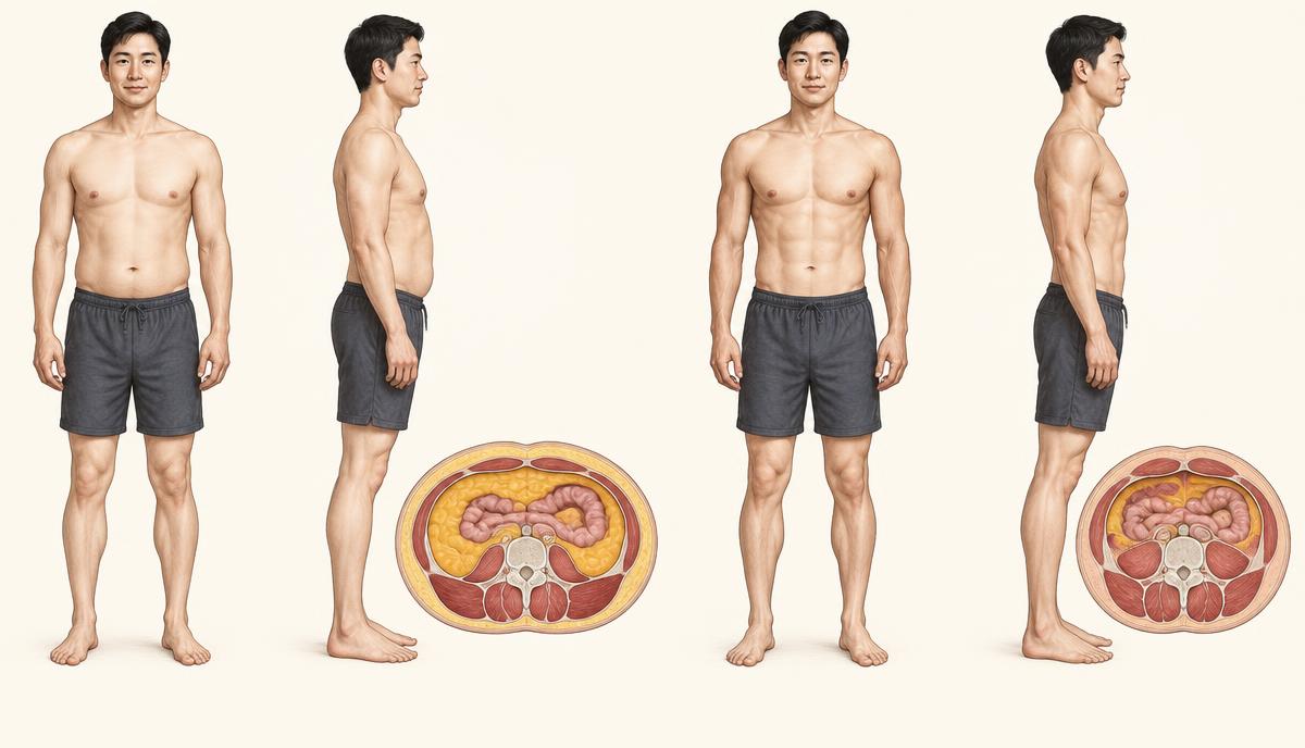 같은 체중에서 체지방과 근육 비율이 달라지는 모습을 비교한 도해