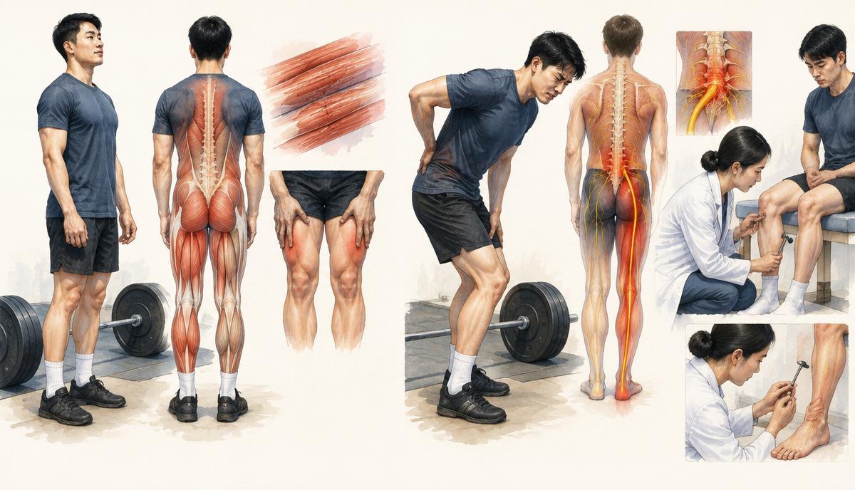 데드리프트 뒤 근육통과 신경 증상을 구분하는 의료 도해