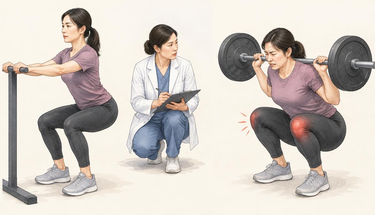 적절한 스쿼트와 과도한 무릎 부하를 비교한 운동 도해