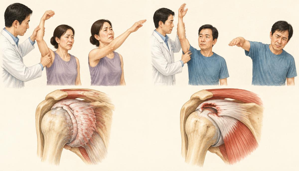 오십견의 관절낭 제한과 회전근개 파열을 비교한 의료 도해
