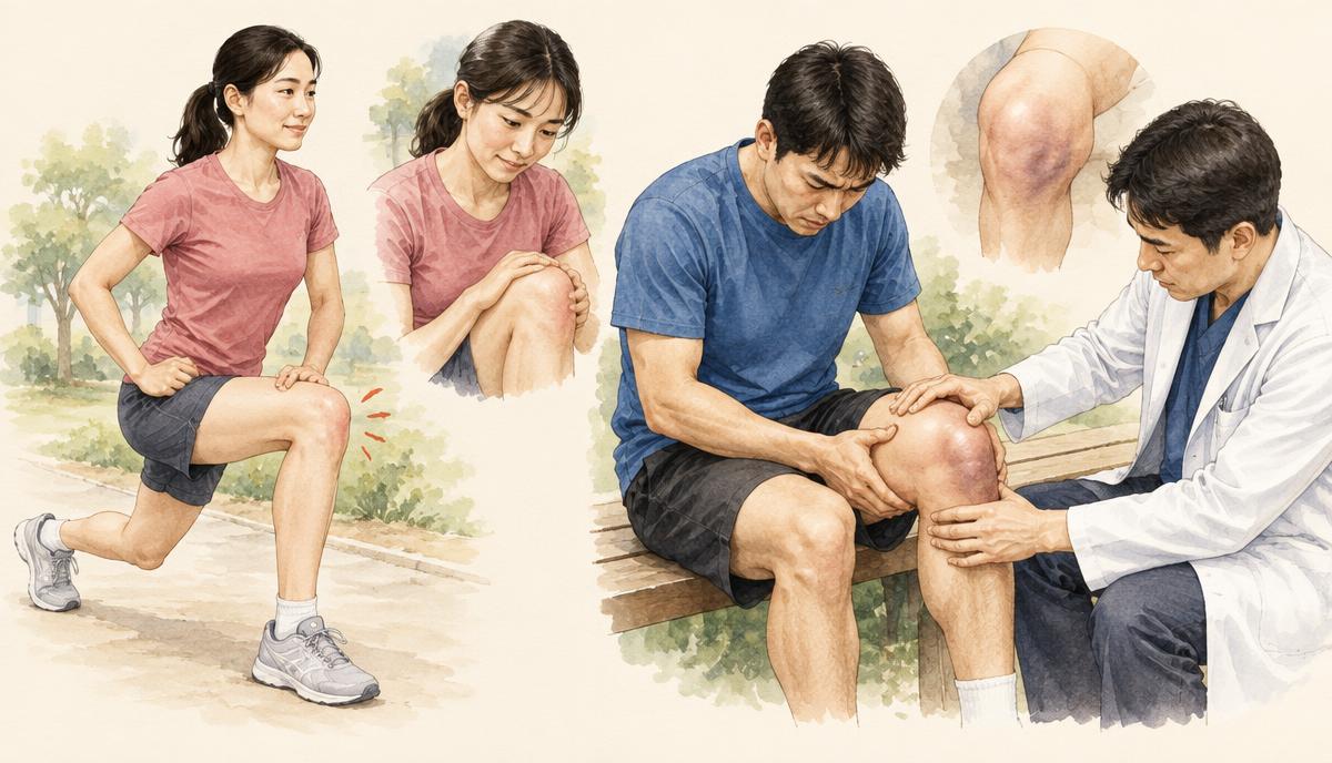 운동 중 일시적 불편감과 진료가 필요한 관절 통증을 비교한 도해