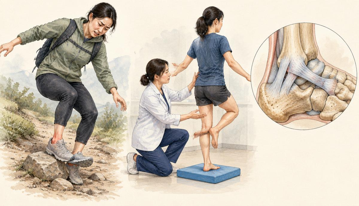반복 발목 염좌와 남아 있는 불안정성을 보여주는 의료 도해