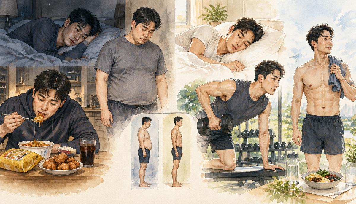 수면 부족과 충분한 수면이 식사 및 운동에 미치는 차이를 보여주는 도해