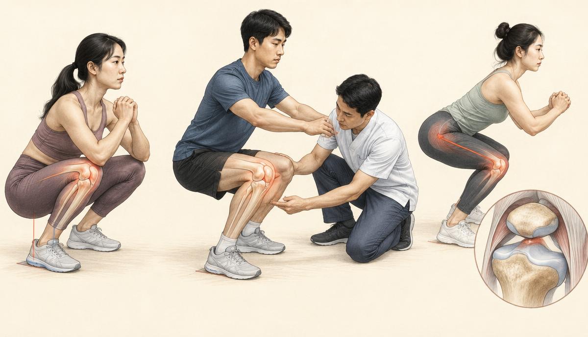 스쿼트 깊이와 움직임 전략에 따른 무릎 부하를 비교한 도해