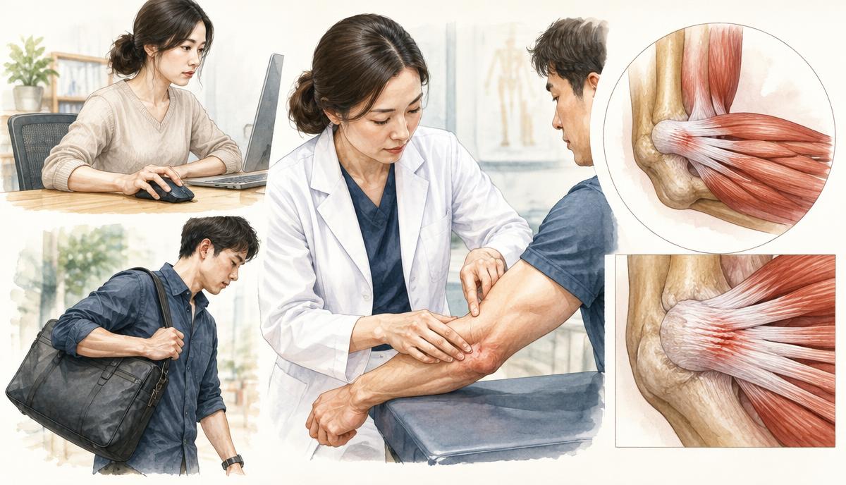 일상 동작의 반복 부하와 팔꿈치 힘줄 통증을 보여주는 의료 도해