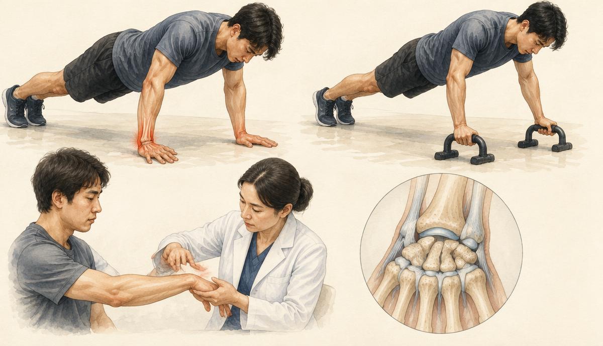 푸시업 때 손목 각도에 따른 부하 차이를 보여주는 의료 도해